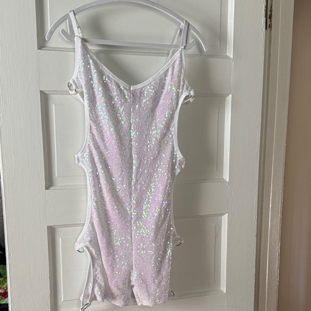 Dolls Kill Club Exxx Iridescent White Sequin Romper